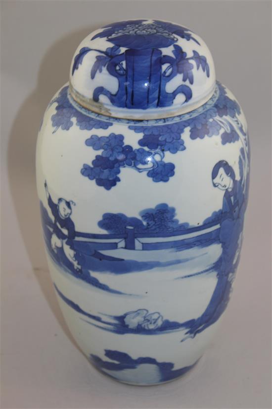 A Chinese blue and white ovoid jar, 19th century, 27cm, associated cover